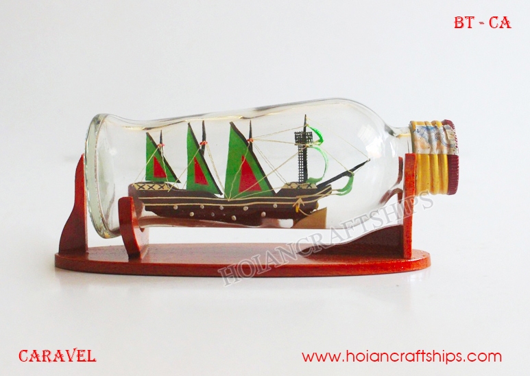 Caravel Ship in Small Bottle (Green)